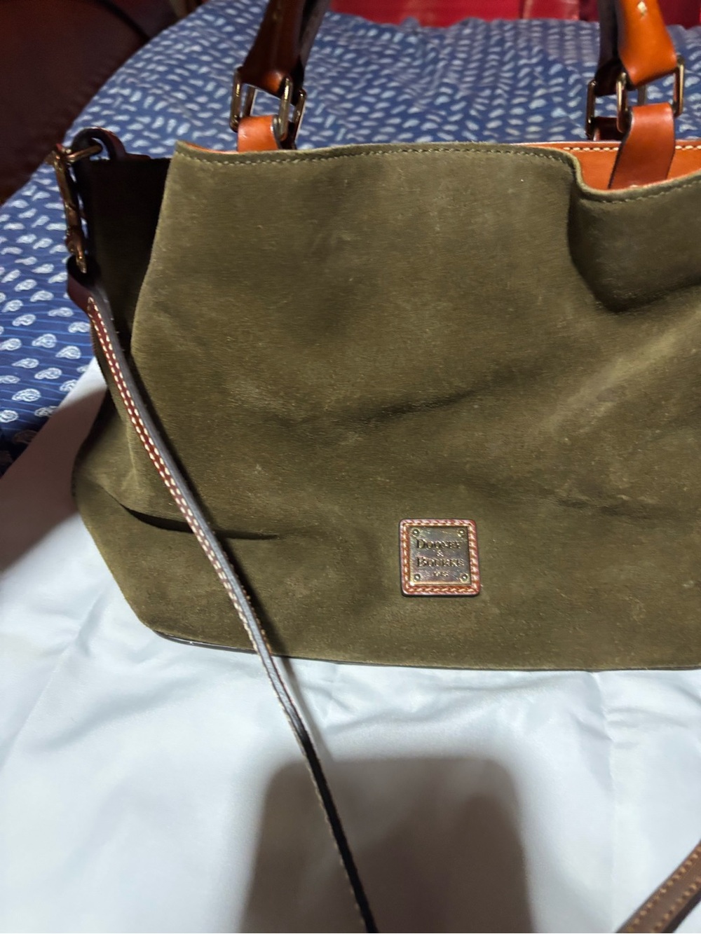 Dooney & Bourke Olive Suede Tote with Brown Leather Accents